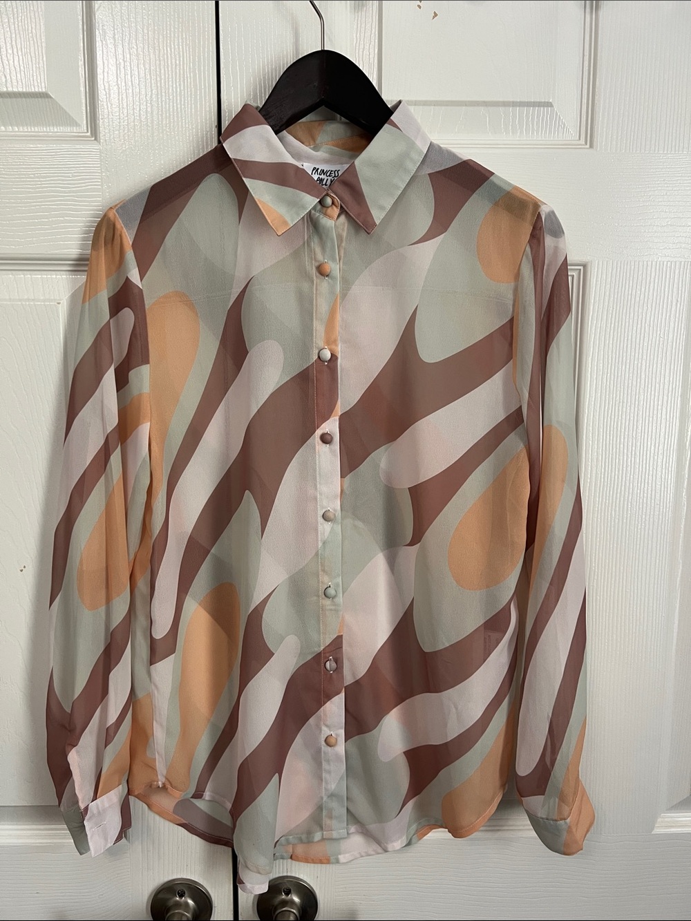 Princess Polly Abstract Wave Print Button-Up Blouse — Brown, Cream, Peach
